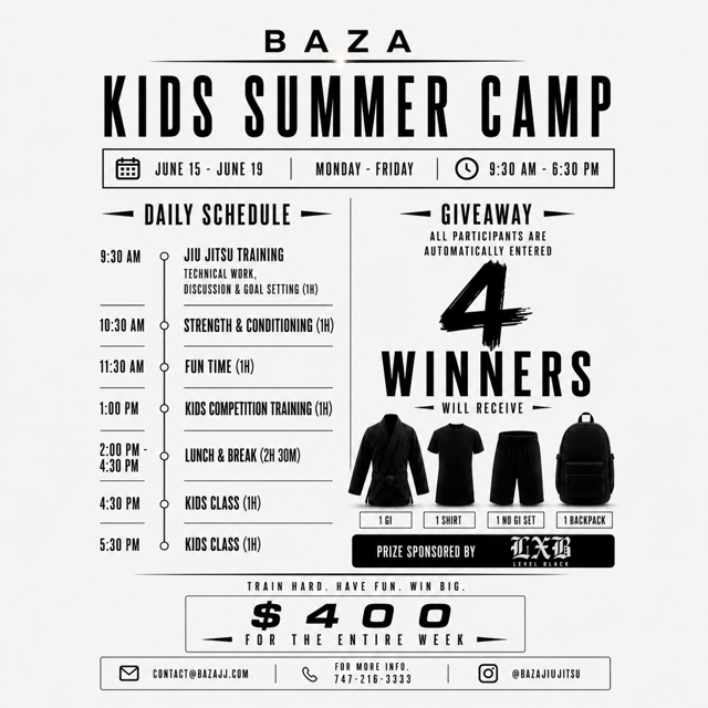 BAZA Kids Summer Camp 2026 official flyer — daily schedule, $400 for the entire week, giveaway sponsored by LXB